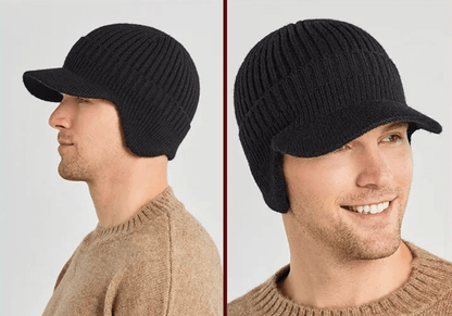 Strickmütze mit Schirm und Ohrenklappen Herren Wintermütze gerippt