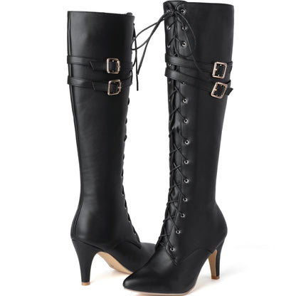 Damen Stiefel Schwarz mit Schnürung & Schnallen Hoher Absatz Spitz
