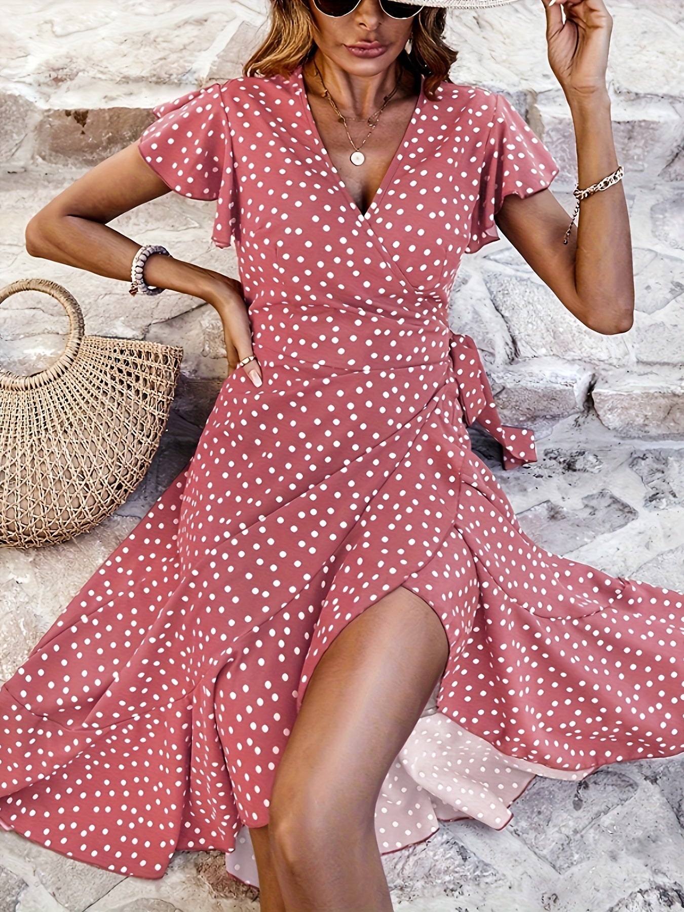 Damen Elegantes Polka-Dot Wickelkleid mit Rüschen – Stilvolles Sommerkleid für Alltag & Freizeit