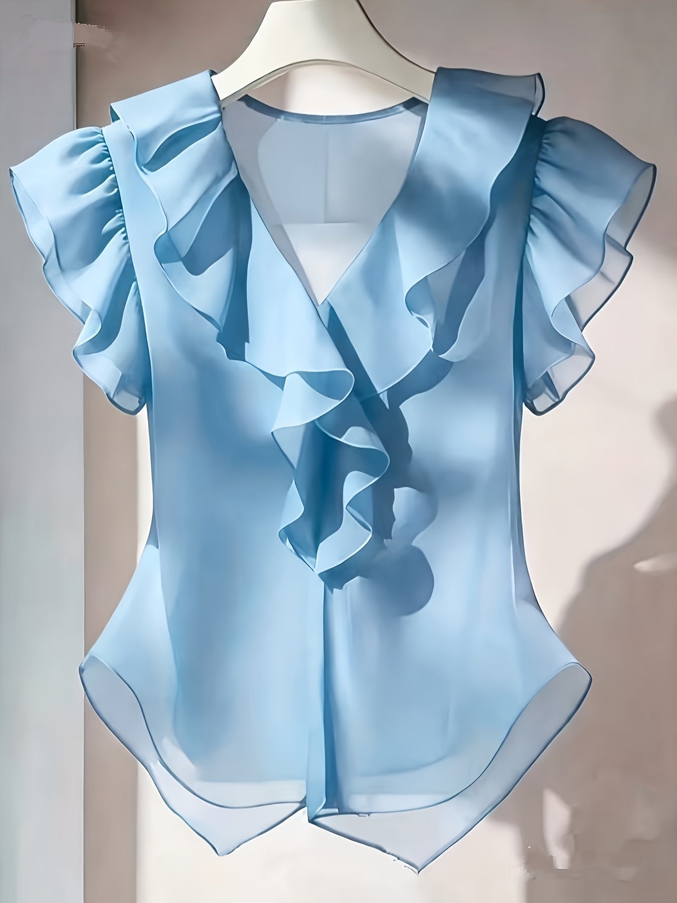 Damen Rüschenbluse mit V-Ausschnitt und Volantärmeln – Elegante Chiffonbluse für Büro und besondere Anlässe