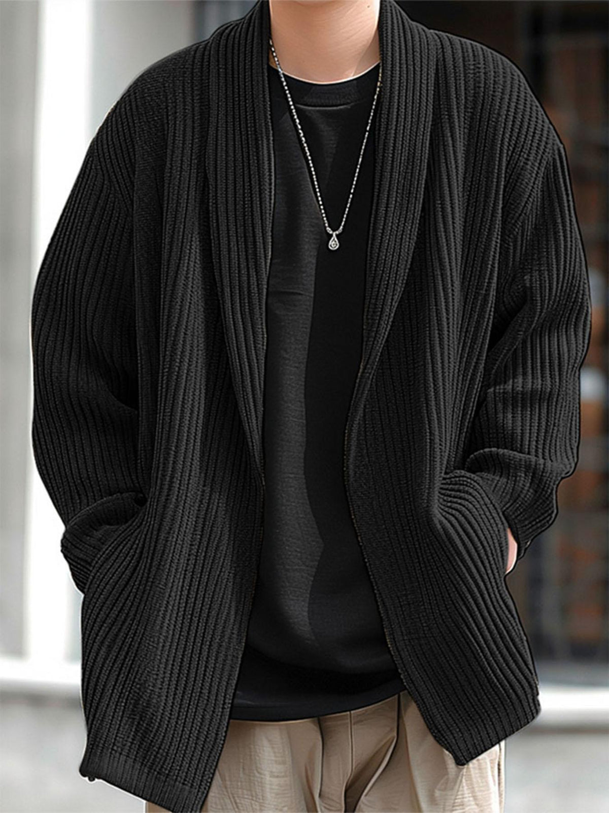 Herren Cardigan Strickjacke Schwarz Rippstrick Offen