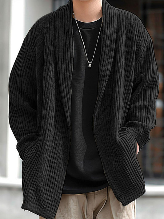 Herren Cardigan Strickjacke Schwarz Rippstrick Offen