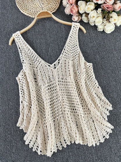 Damen Boho Häkel-Top mit Fransen und Perlen – Sommer Strandmode