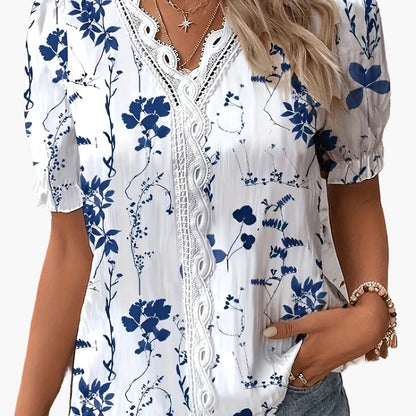 Damen Bluse mit Spitzenbesatz und floralem Print – Elegante Sommermode im Casual-Stil
