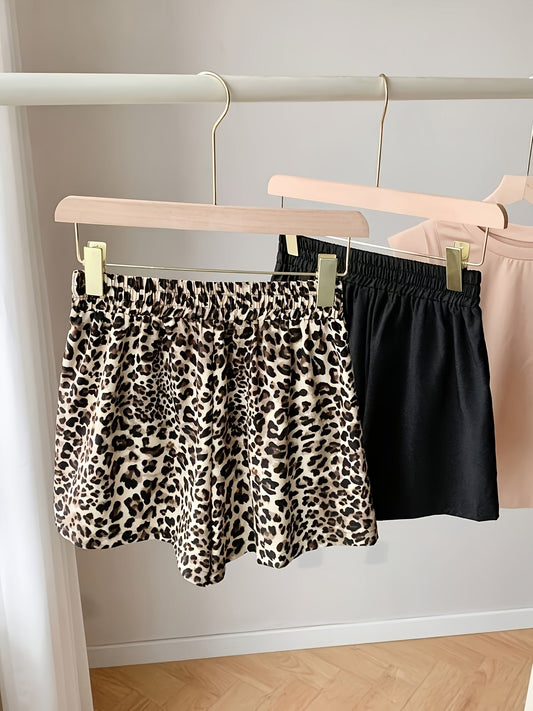 Damen Loungewear Shorts Set – Modisches Freizeit-Set mit Leopardenmuster und Unifarbe, bequem für Zuhause und Alltag