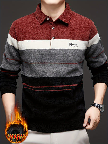 Herren Winter Polo-Pullover mit Kragen, gestreiftes Design und warmem Innenfutter