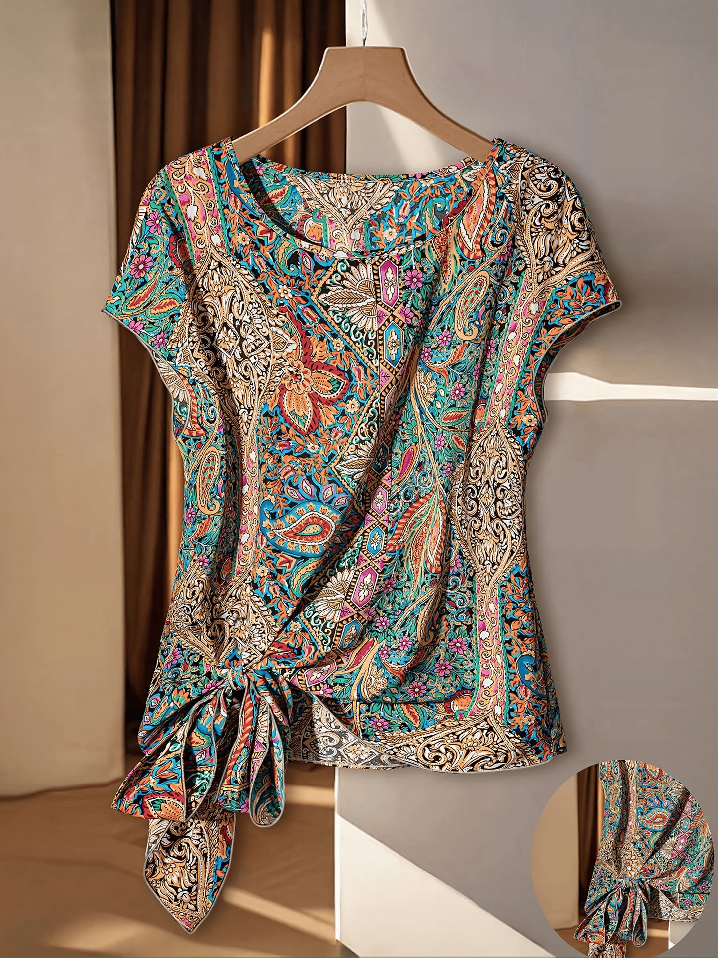 Damen Bluse mit Boho-Muster und asymmetrischem Knoten – Lässiger Sommer-Style