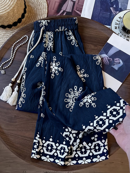 Damen Palazzo-Hose mit Boho-Stickerei und lässigem Schnitt