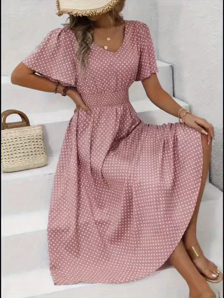 Damen Polka Dot Sommerkleid mit V-Ausschnitt – Elegantes Freizeit Maxikleid