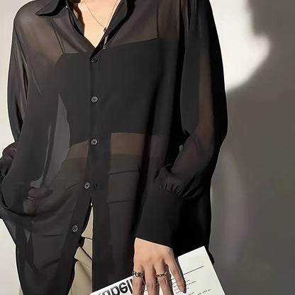 Damen Bluse Transparente Oversize Hemdbluse Modern Elegant