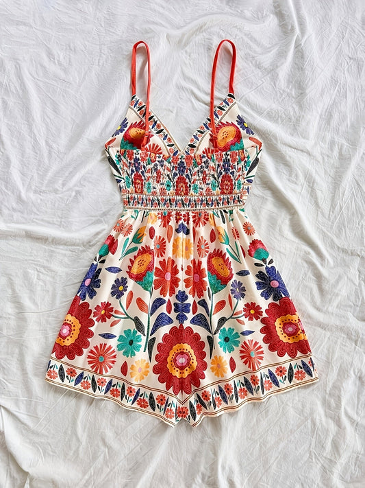 Damen Jumpsuit mit Blumendruck und Spaghettiträgern – Boho Style für Freizeit und Urlaub