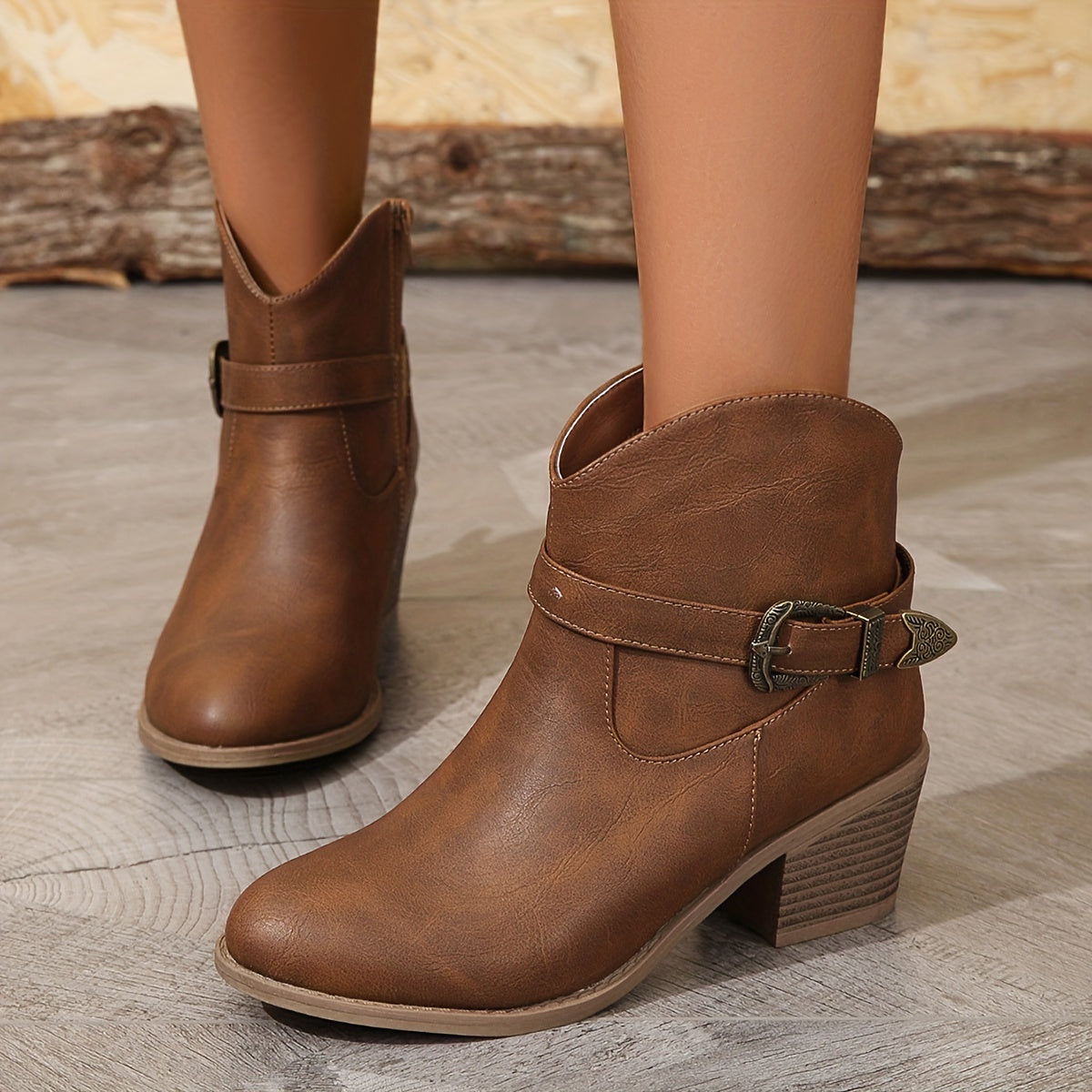 Damen Stiefelette mit Schnalle & Blockabsatz, Braun
