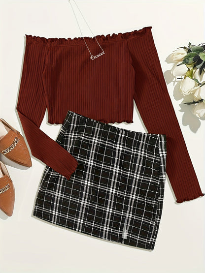 Damen Off-Shoulder Set – Elegantes Party Outfit mit Langarm-Top und Karierter Minirock