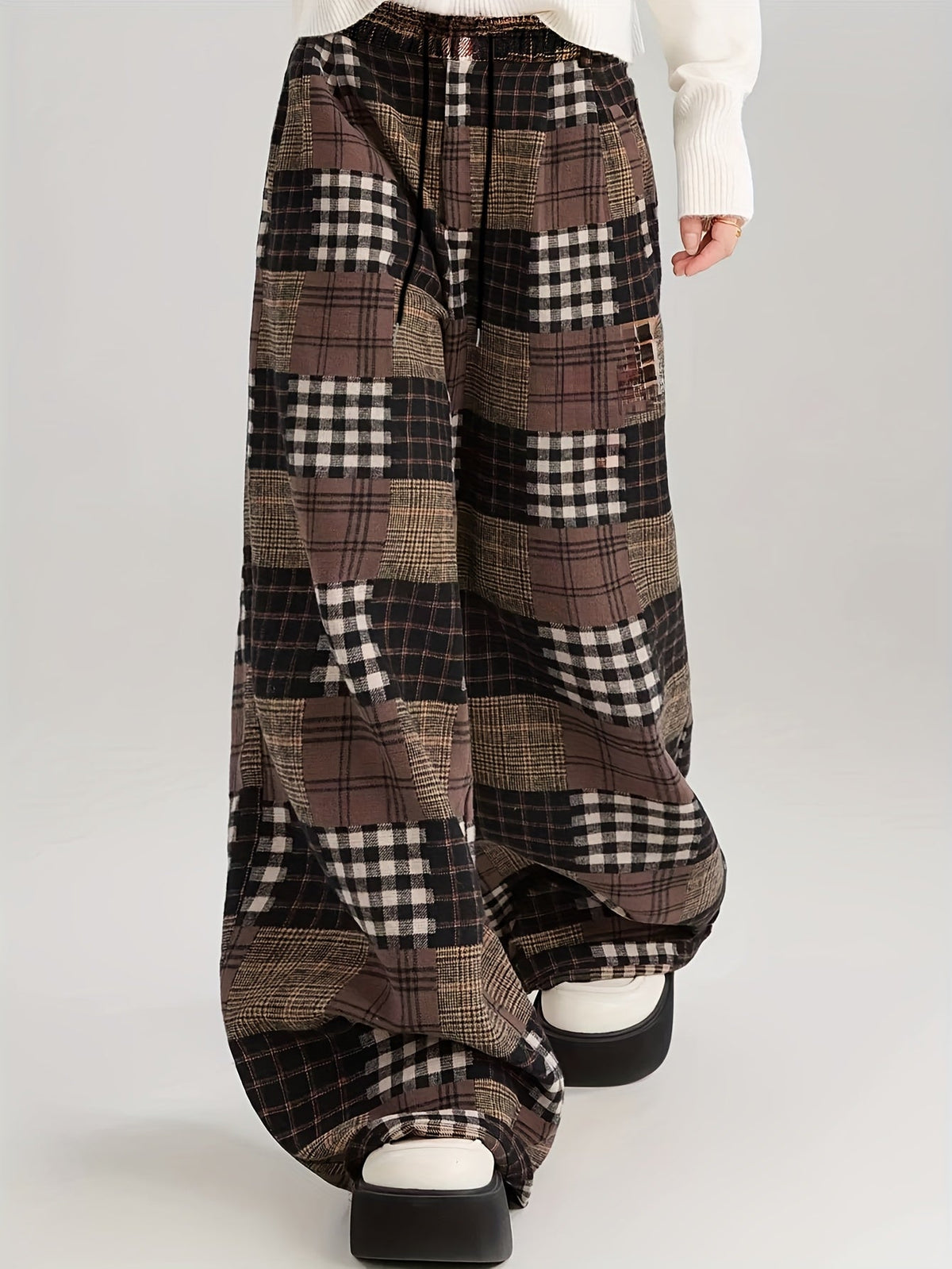 Damen Weite Hose Patchwork Kariert Braun Schwarz Winter