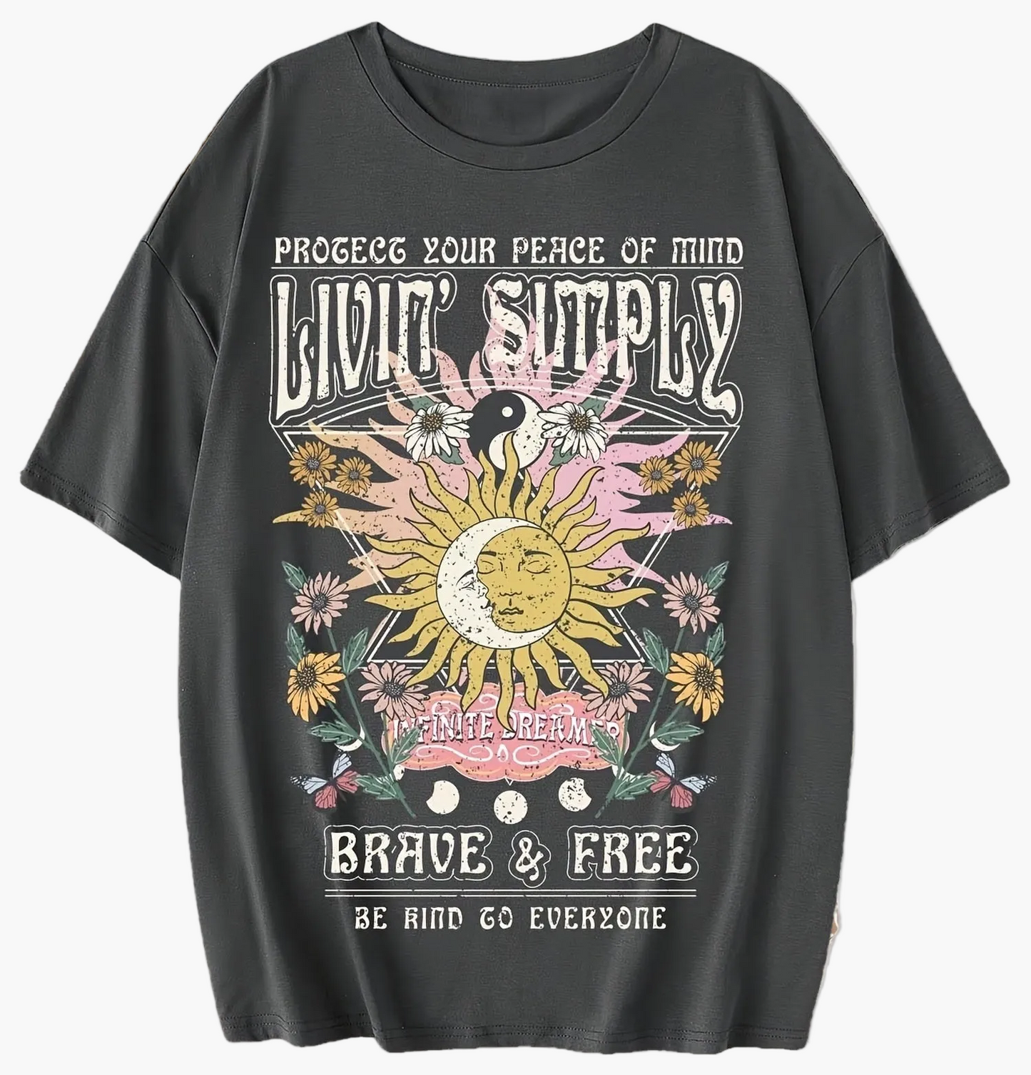 Damen T-Shirt im Boho-Stil mit Sonnendruck und inspirierendem Spruch – Freizeit & Yoga
