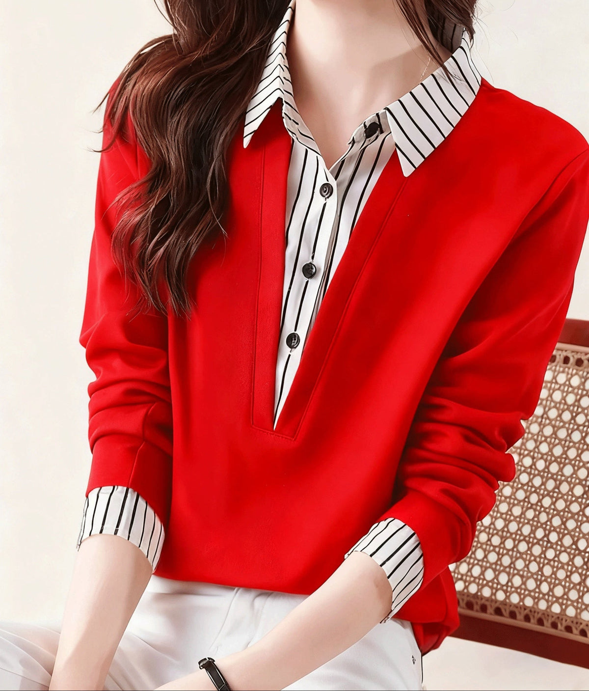 Damen Sweatshirt Blusen-Optik Langarm gestreifter Kragen