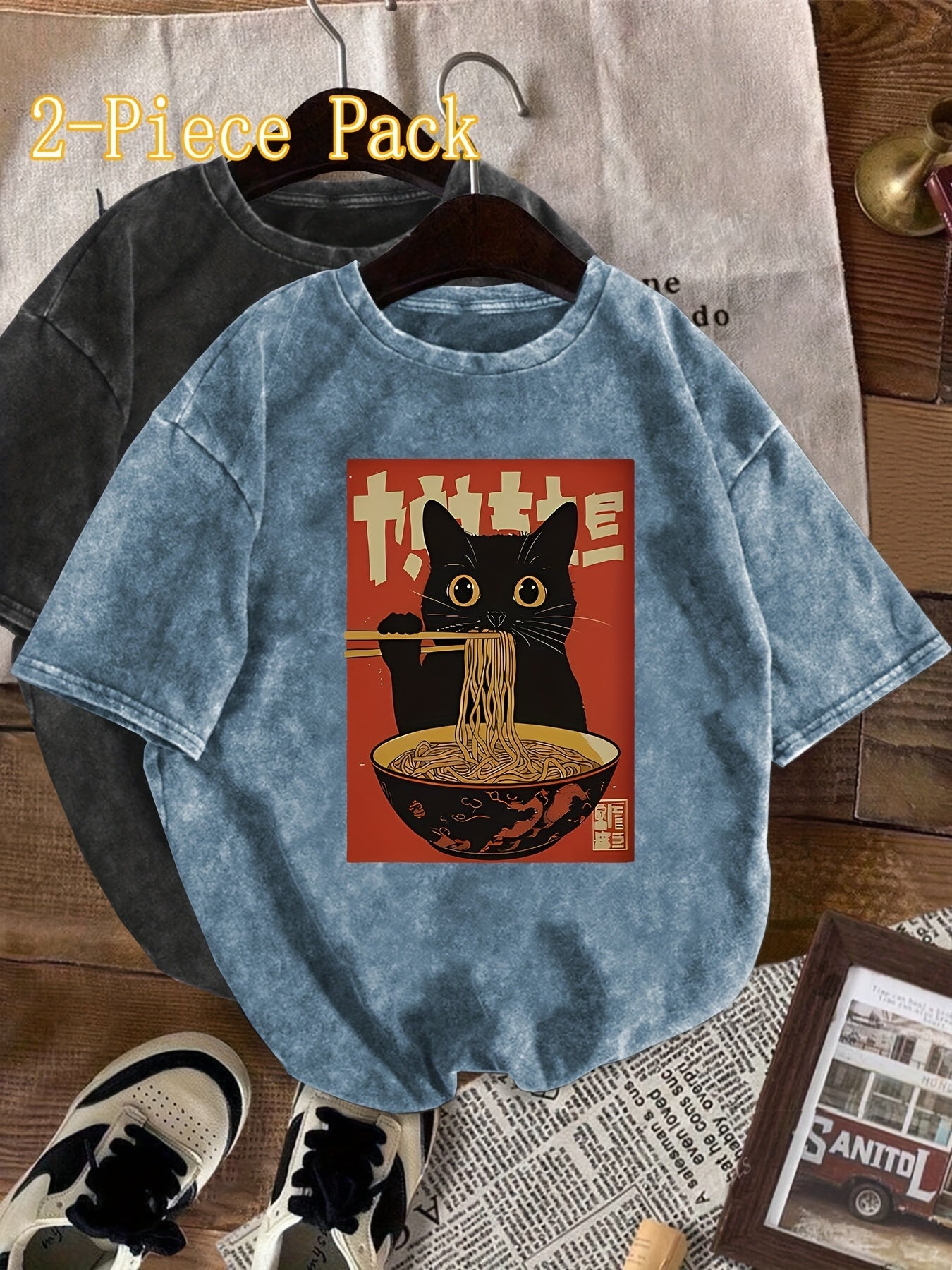 Damen Vintage T-Shirt mit Katze und Ramen-Nudeln – Lustiges Grafikshirt für Alltag und Freizeit