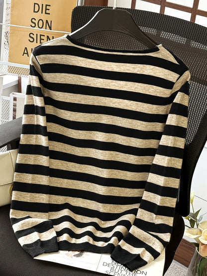 Damen Pullover V-Ausschnitt Gestreift Beige Marineblau Langarm