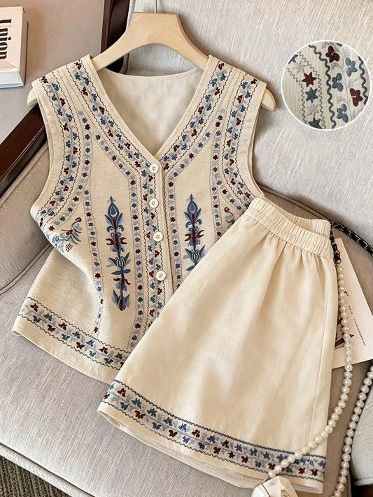 Damen Kurzarm Blusen-Set mit Shorts, bestickt, V-Ausschnitt, Freizeit Zweiteiler