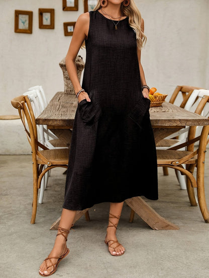 Damen Freizeit Midikleid ärmellos mit Taschen – Sommer Boho Look für Alltag und Urlaub