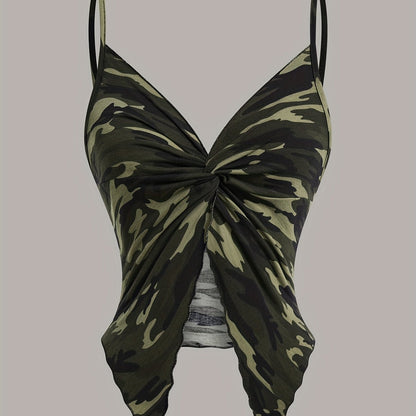Damen Camisole Top mit Camouflage-Look und Wickeldetail – Modisches Party- und Streetwear-Highlight