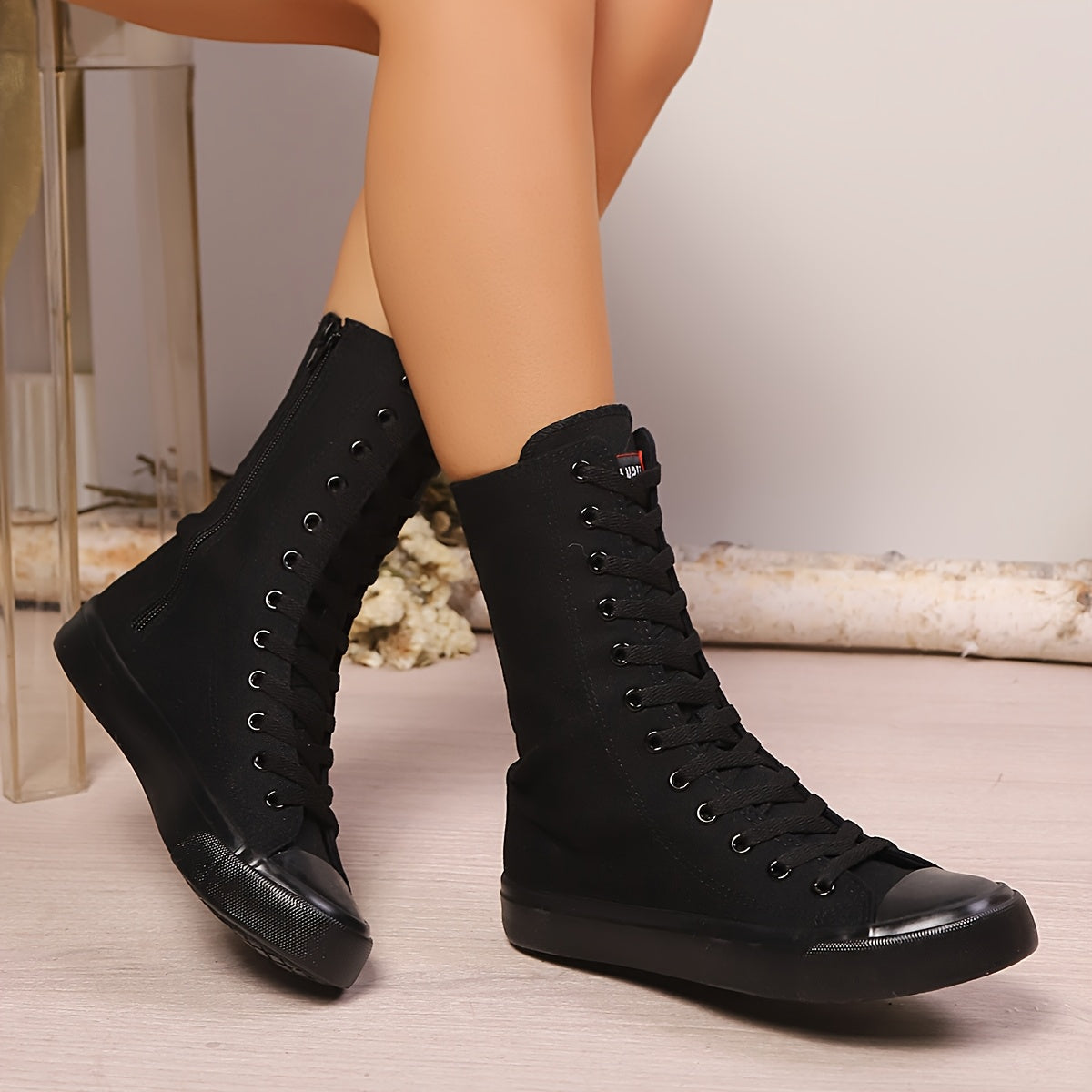 Damen High-Top-Sneaker Schnürstiefel mit Reißverschluss, Knöchelhoch, Stoffoptik