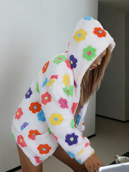 Teddyfleece Kapuzenjacke mit Reißverschluss Blumenmuster