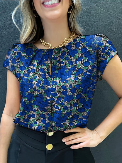Damen Bluse mit Blumenmuster und Raffungen – Kurzarm, elegant, vielseitig für Büro & Freizeit