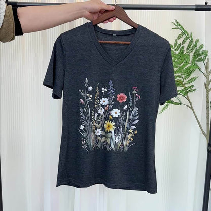 Damen Vintage Blumen T-Shirt mit V-Ausschnitt – Lässiges Sommer Oberteil im Boho-Stil