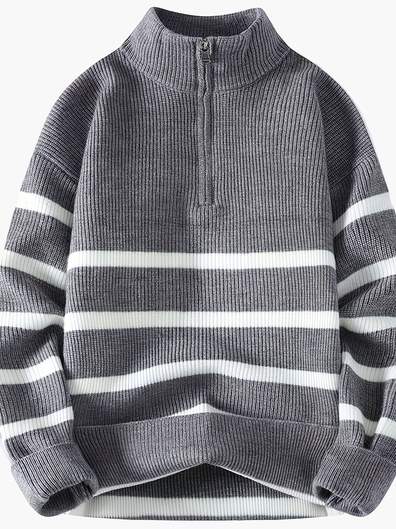 Herren Strickpullover mit Stehkragen und Reißverschluss – Gestreifter Casual Look für Herbst & Winter