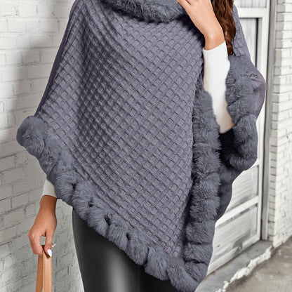 Damen Poncho mit Pelzbesatz und Rollkragen Strickmuster