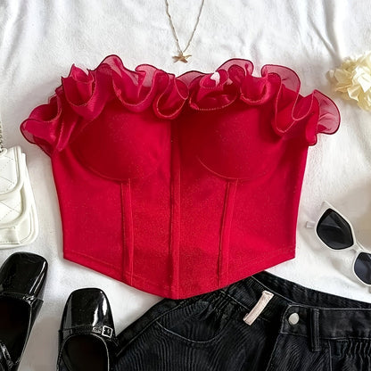 Damen Bustier Top schulterfrei mit Volant und Rüschen – Elegantes Party- und Ausgeh-Oberteil