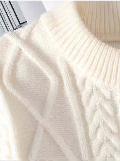 Cremefarbener Grobstrick Pullover mit Rundhalsausschnitt und gemustertem Saum