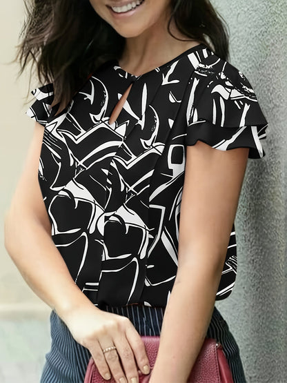Damen Elegante Bluse mit Volantärmeln und Keyhole-Ausschnitt – Stilvolle Sommermode für Büro und Freizeit