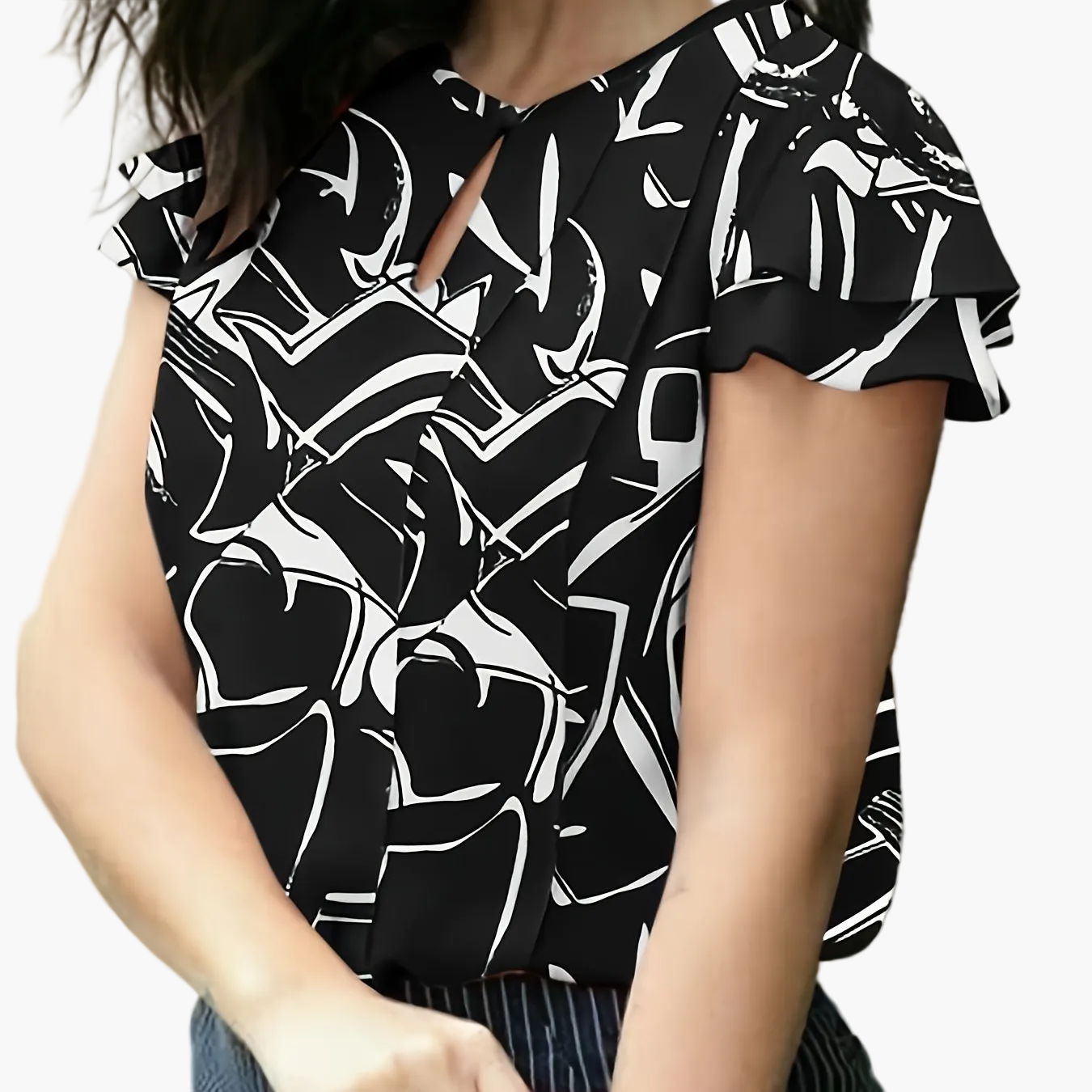 Damen Elegante Bluse mit Volantärmeln und Keyhole-Ausschnitt – Stilvolle Sommermode für Büro und Freizeit