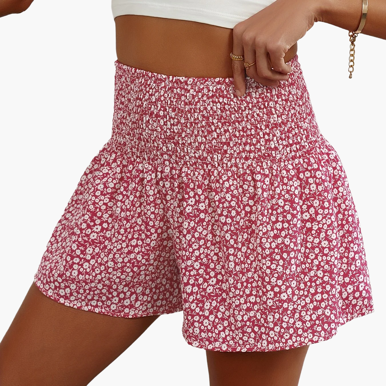 Damen Sommer Shorts mit Blumenmuster und Smokbund – Lässige Freizeitshorts