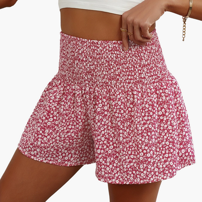 Damen Sommer Shorts mit Blumenmuster und Smokbund – Lässige Freizeitshorts