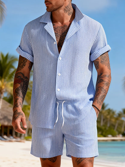 Herren Set Kurzarmhemd und Shorts mit Streifen – Stilvolles Freizeit-Outfit für Strand und Sommer