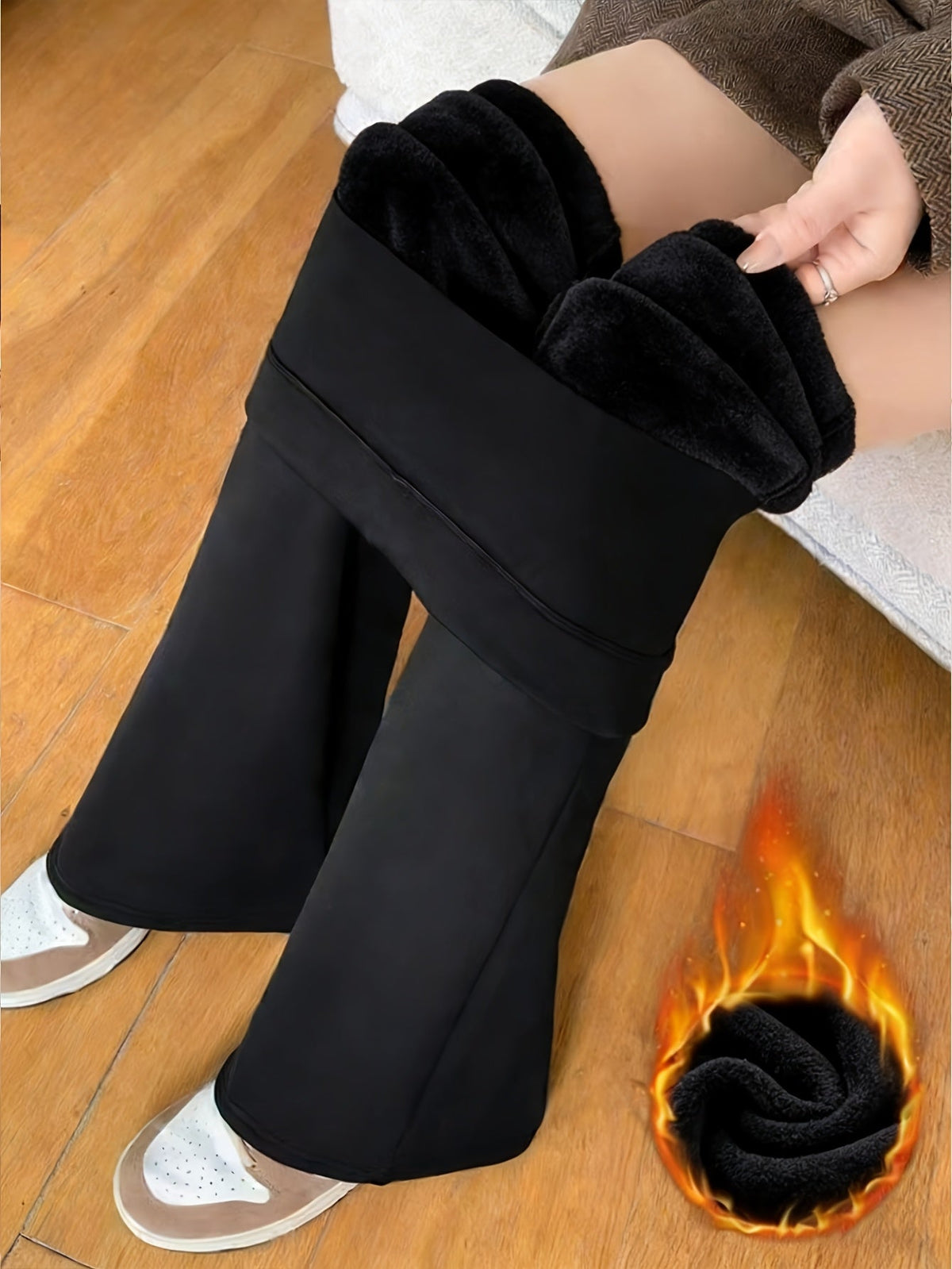Damen Schlaghose gefüttert mit Plüsch – Schwarze oder dunkelgraue Winterhose mit weichem Innenfutter