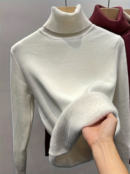 Damen Rollkragenpullover mit Plüschfutter – warm, Langarm