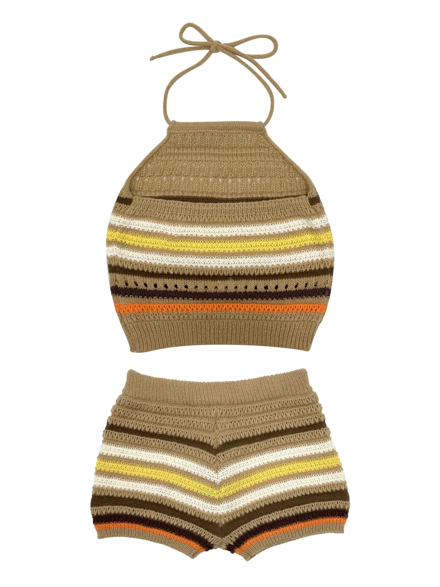 Damen Häkel-Strick Zweiteiler Set – Trendiges Y2K Outfit mit Haltertop und Shorts, Ideal für Sommer & Freizeit