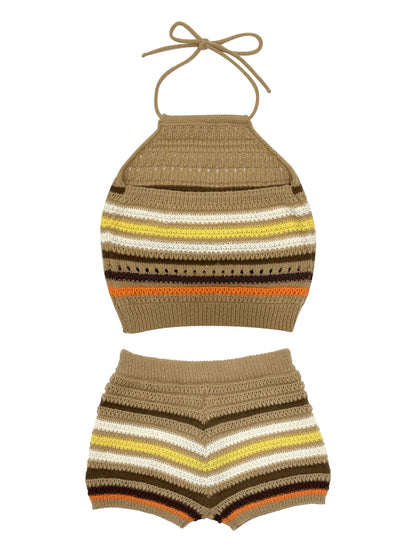 Damen Häkel-Strick Zweiteiler Set – Trendiges Y2K Outfit mit Haltertop und Shorts, Ideal für Sommer & Freizeit