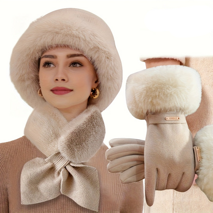 Winter Set Pelzimitat 3-teilig: Hut, Schal & Handschuhe mit Kunstfellbesatz, Warme Winteraccessoires