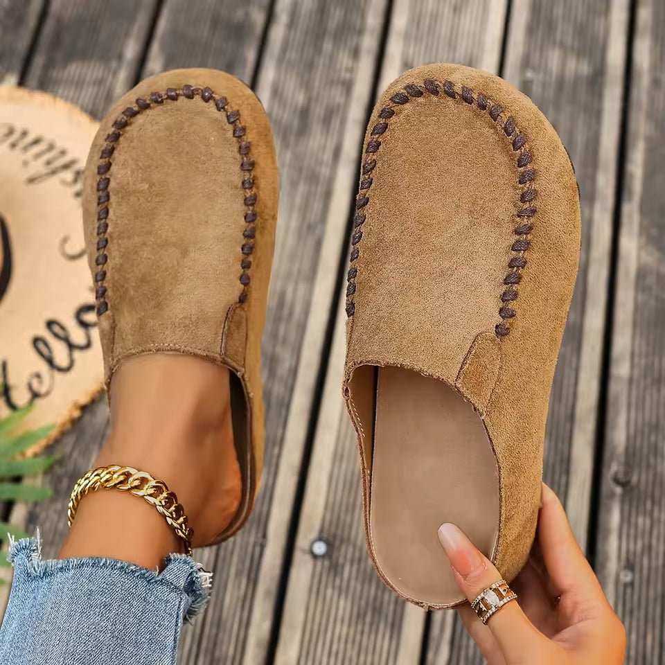 Damen Slipper Mules mit Ziernaht Komfortschuhe Braun