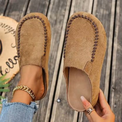 Damen Slipper Mules mit Ziernaht Komfortschuhe Braun