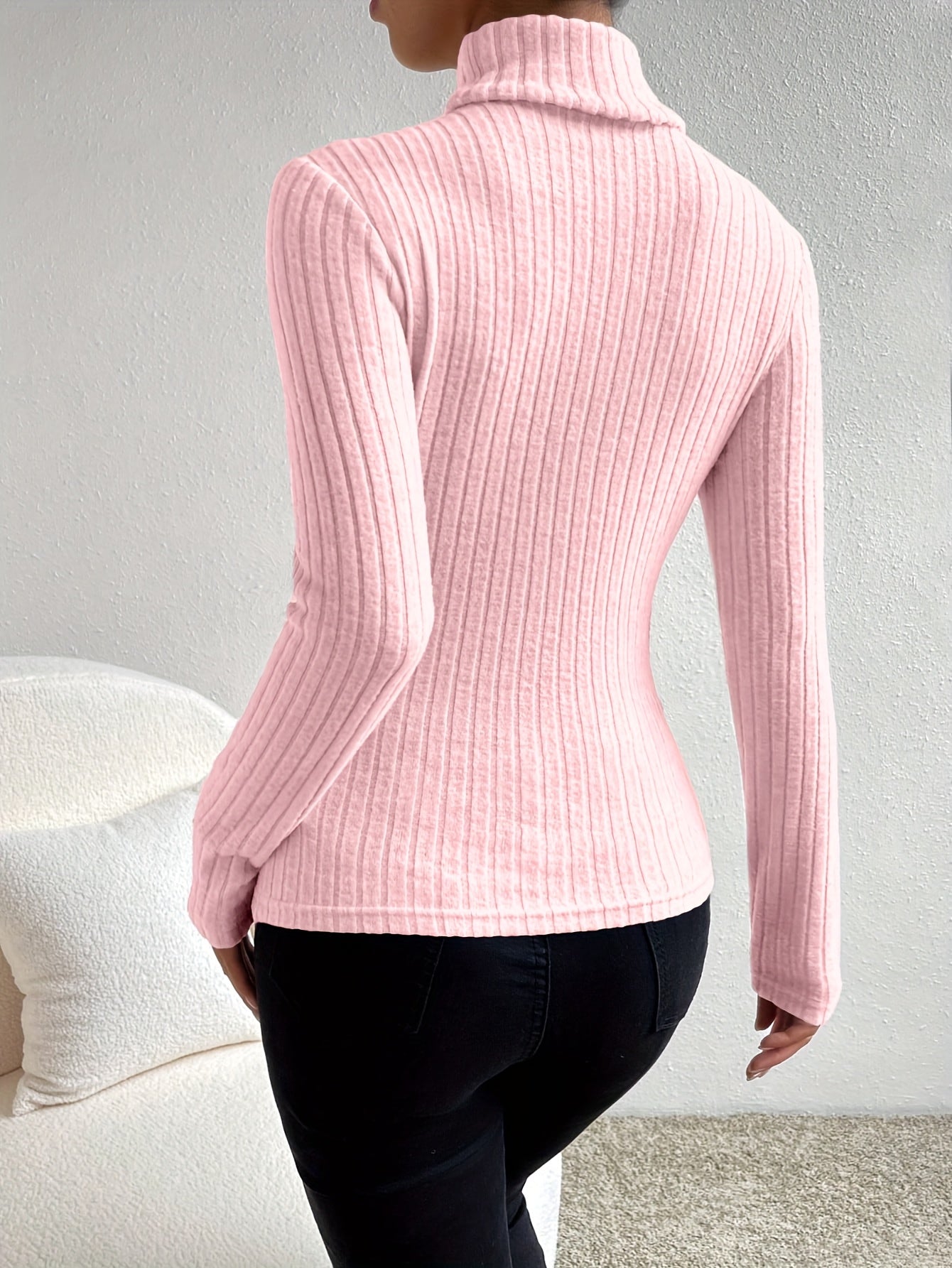 Damen Gerippter Rollkragenpullover Langarm Oberteil