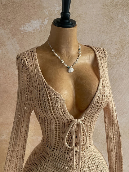 Damen Boho Strick-Jumpsuit mit tiefem Ausschnitt und Schnürung – Eleganter Einteiler für Strand & Urlaub