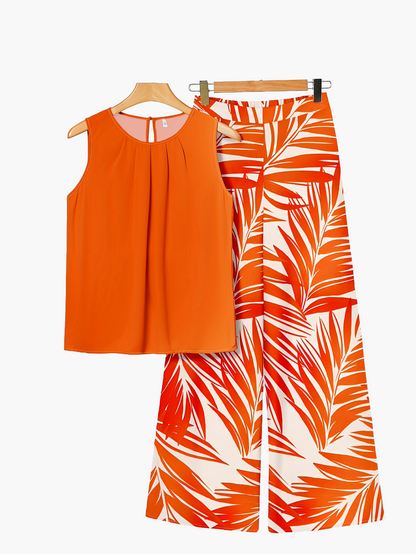 Damen Sommer Palazzo Set – Ärmelloses Top und weite Hose mit tropischem Print, lässig und elegant