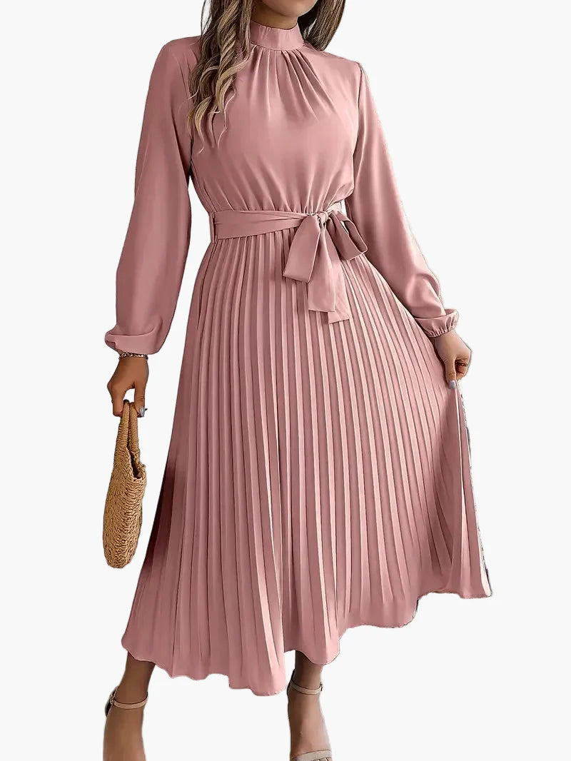 Damen Midikleid mit Faltenrock und Bindegürtel – Eleganter Alltags- und Büro-Look