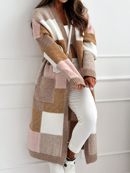 Damen Strickjacke Patchwork Lang Offen Braun Rosa Beige Weiß